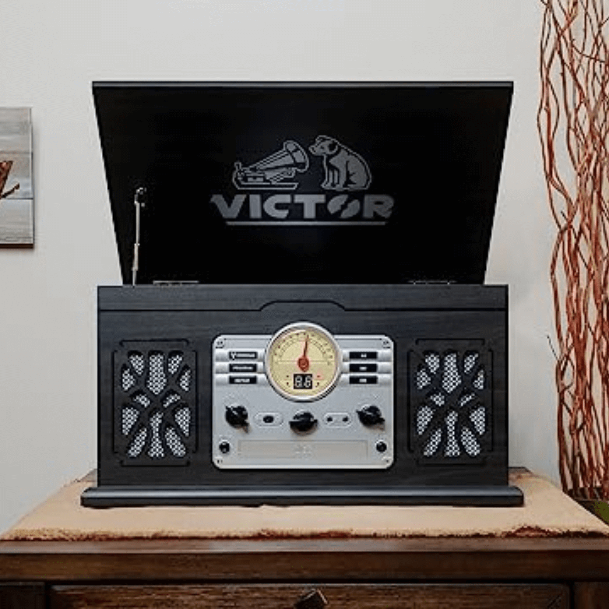 Victor State 7-in-1 Wood Music Center Graphite - Refurbished