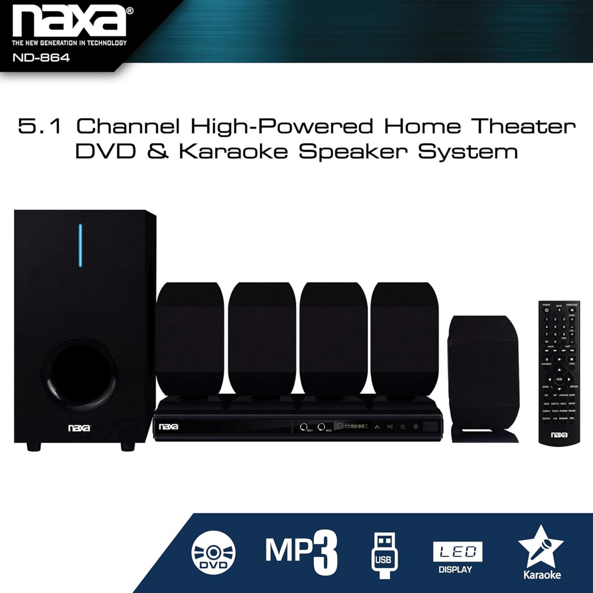 Naxa 5.1 Channel Home Theater DVD & Karaoke Speaker System - Refurbished - additional product photo