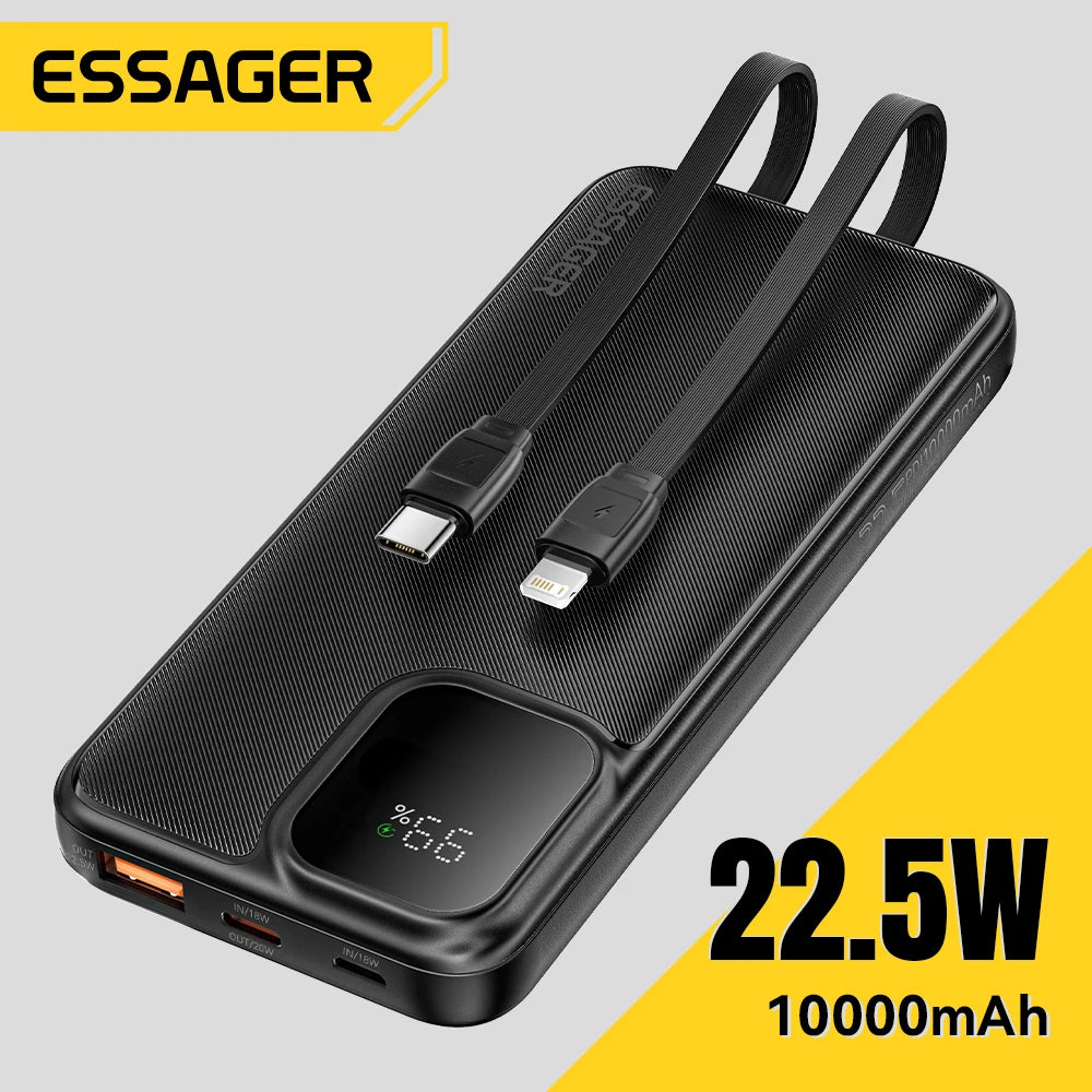 Essager Portable Power Bank 20000mAh with Two Built-in Cables External Battery PD 22.5W Fast Charging For iPhone 17 16 15 Xiaomi
